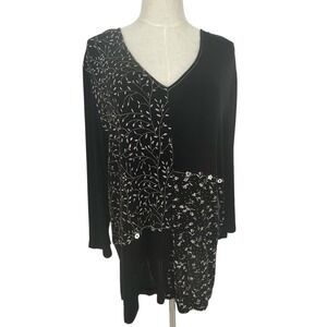 Coldwater Creek Black Floral Print Asymmetrical Tunic Top Long Sleeve Women's L‎